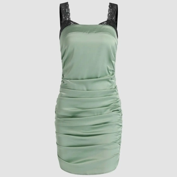 Cider Light Green with Black‎ Lace Shoulder Straps Slip Dress Side Rouching SZ M - Picture 6 of 6